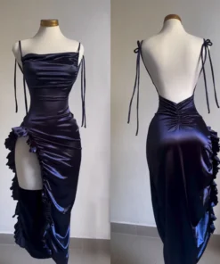 Sexy Satin Bodycon Strapless Backless Ruffle Black Prom Dress