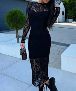 Sexy Black Prom Dress with Lace Long Sleeves Elegant O-Neck Party Style
