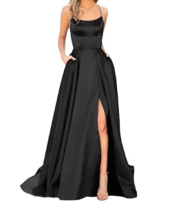 Elegant Backless Fit and Flare Long Slit Black Prom Dress
