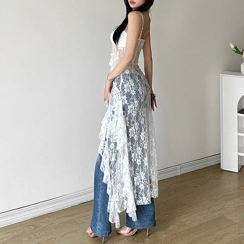 Sexy Strapless Patchwork Mesh Black Prom Dress with Ruffle Split Party Style - Image 4