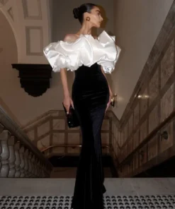 One-Shoulder Puff Sleeve Backless Fishtail White Black Prom Dress