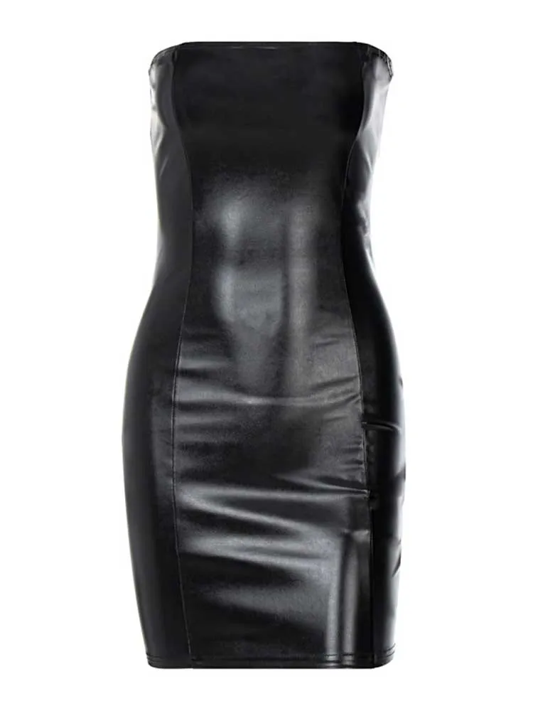 Sexy Strapless PU Leather Bodycon Black Prom Dress for Women - Image 6