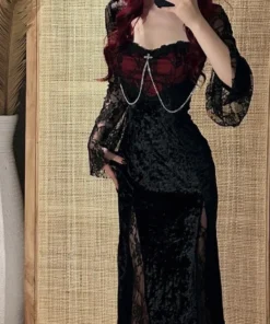 Gothic Lace Y2K Slim Fit Long Black Prom Dress for Women