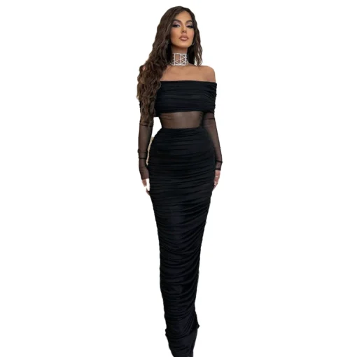 Women’s Mesh See Through Long Sleeve Mini Bodycon Party Dress