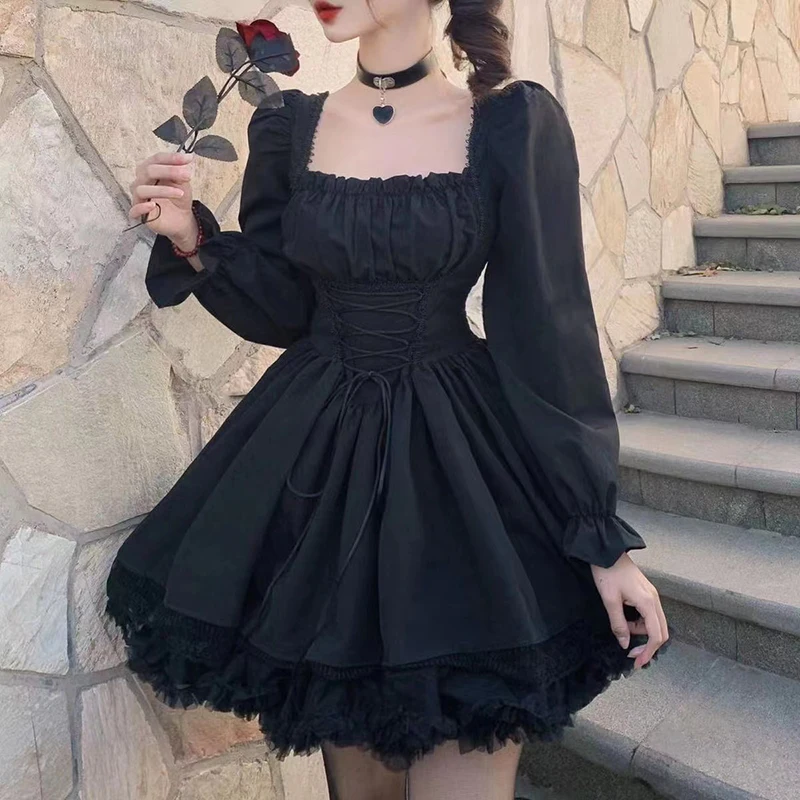 Gothic Black Prom Dress with Puff Sleeves Lace Trim Vintage Lolita Style for Women - Image 2