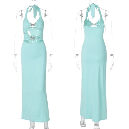 Sexy Hollow Out Maxi Dress Bow Halter Sleeveless Bodycon Party Dress - Image 5