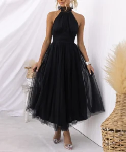 Black Prom Dress - Elegant Halter Sleeveless A-Line Mesh Evening Party Gown