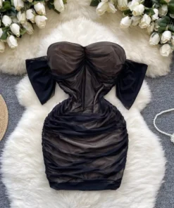Sexy Off Shoulder Mesh Pleated Summer Pencil Dress Women Fashion