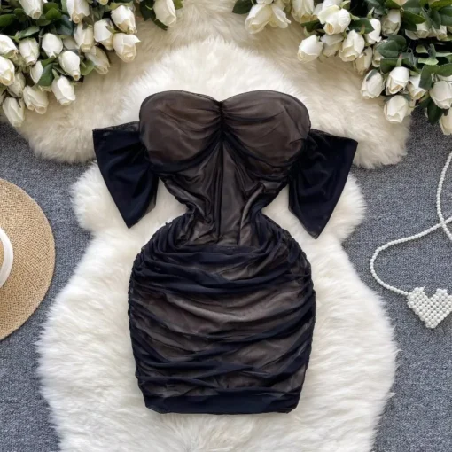 Sexy Off Shoulder Mesh Pleated Summer Pencil Dress Women Fashion