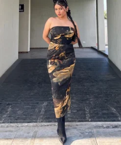 Strapless Mesh Midi Black Prom Dress with Artistic Oil Print Design