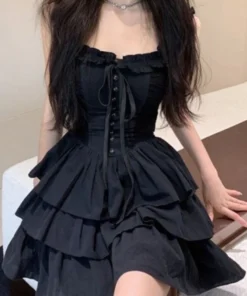 Gothic Y2K Ruffle Slip Dress Sexy Dark Punk Black Prom Dress