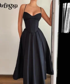 Sexy Corset Spaghetti Strap Pleated Maxi Black Prom Dress