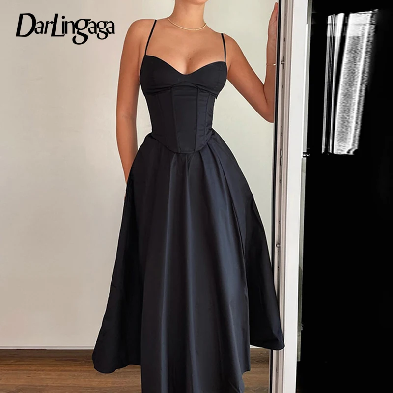 Sexy Corset Spaghetti Strap Pleated Maxi Black Prom Dress