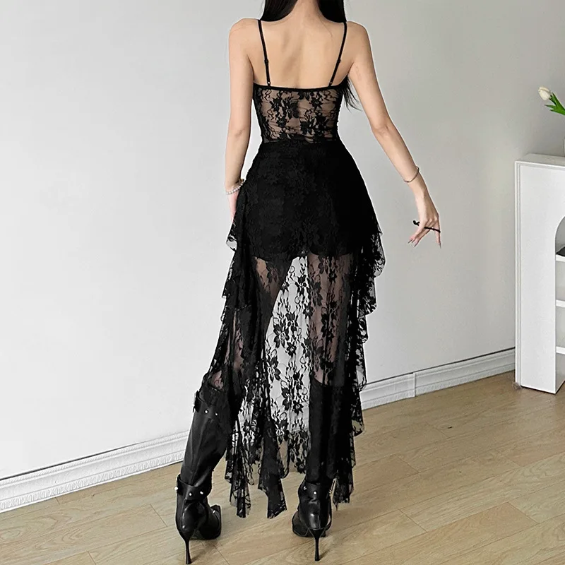 Sexy Strapless Patchwork Mesh Black Prom Dress with Ruffle Split Party Style - Image 2