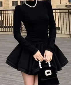 Winter Hepburn Mini Patchwork Slim Korean Style Black Prom Dress