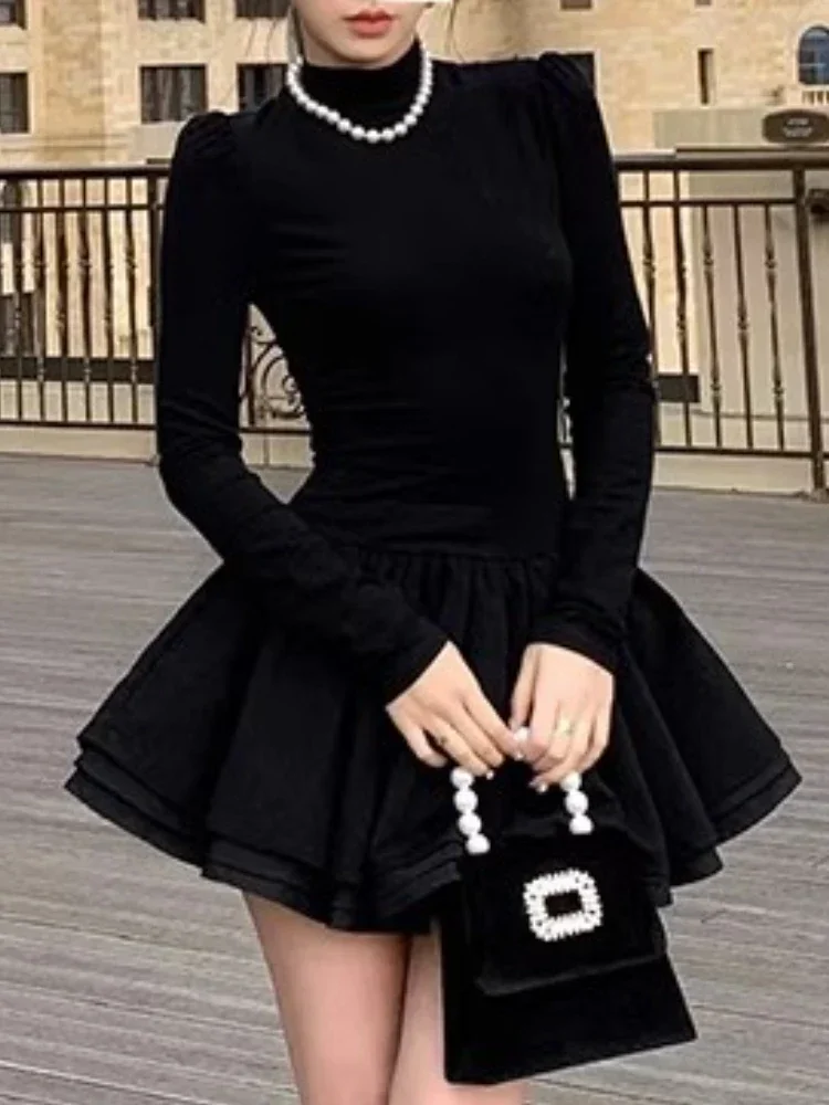 Winter Hepburn Mini Patchwork Slim Korean Style Black Prom Dress