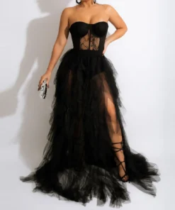 Luxury Strapless Lace Mesh Corset Black Prom Dress for Women