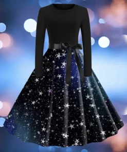 Women Stars Printed Long Sleeve Swing Dress Casual Party Dress