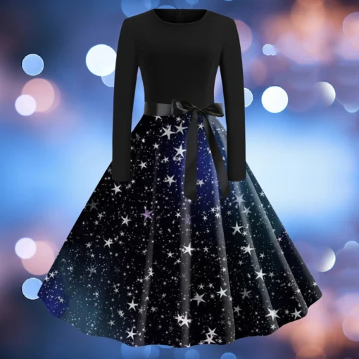 Women Stars Printed Long Sleeve Swing Dress Casual Party Dress