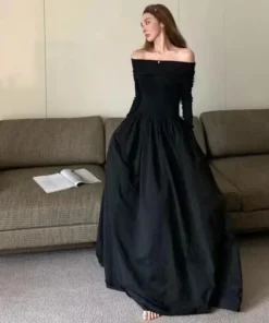Y2K Korean Off Shoulder Long Sleeve Black Prom Dress
