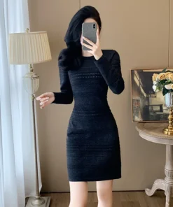 Knit Mini Sweater O-Neck Long Sleeve Bodycon Black Prom Dress