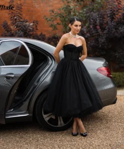 Bafftafe Midi Tulle Corset Back Formal Black Prom Dress for Women