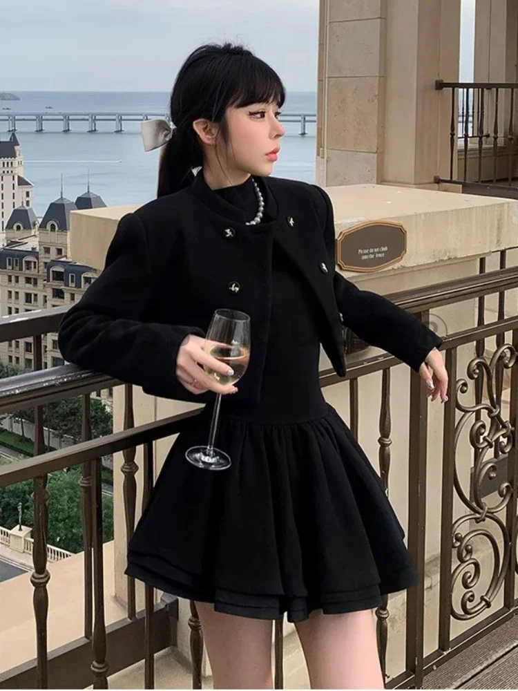 Winter Hepburn Mini Patchwork Slim Korean Style Black Prom Dress - Image 5