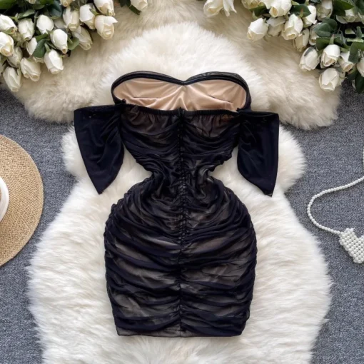 Sexy Off Shoulder Mesh Pleated Summer Pencil Dress Women Fashion - Image 3