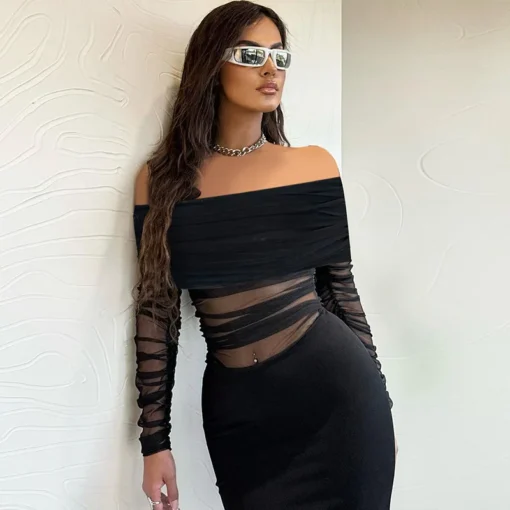Women’s Mesh See Through Long Sleeve Mini Bodycon Party Dress - Image 5