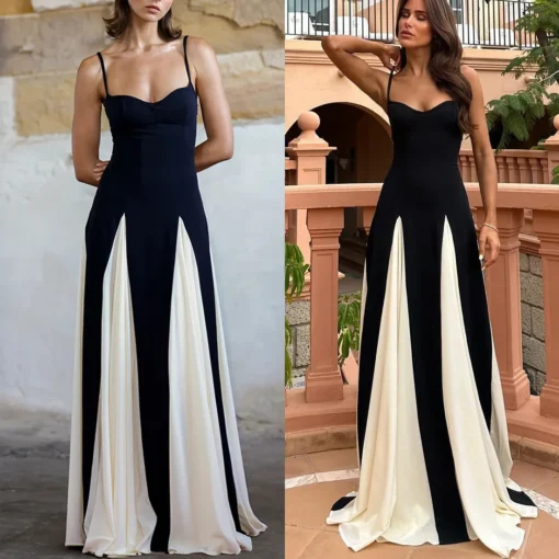 Elegant Black White Patchwork Strap Midi Dress For Party Club - Image 2
