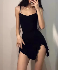 Vintage Y2K Sleeveless Suspender Mini Black Prom Dress