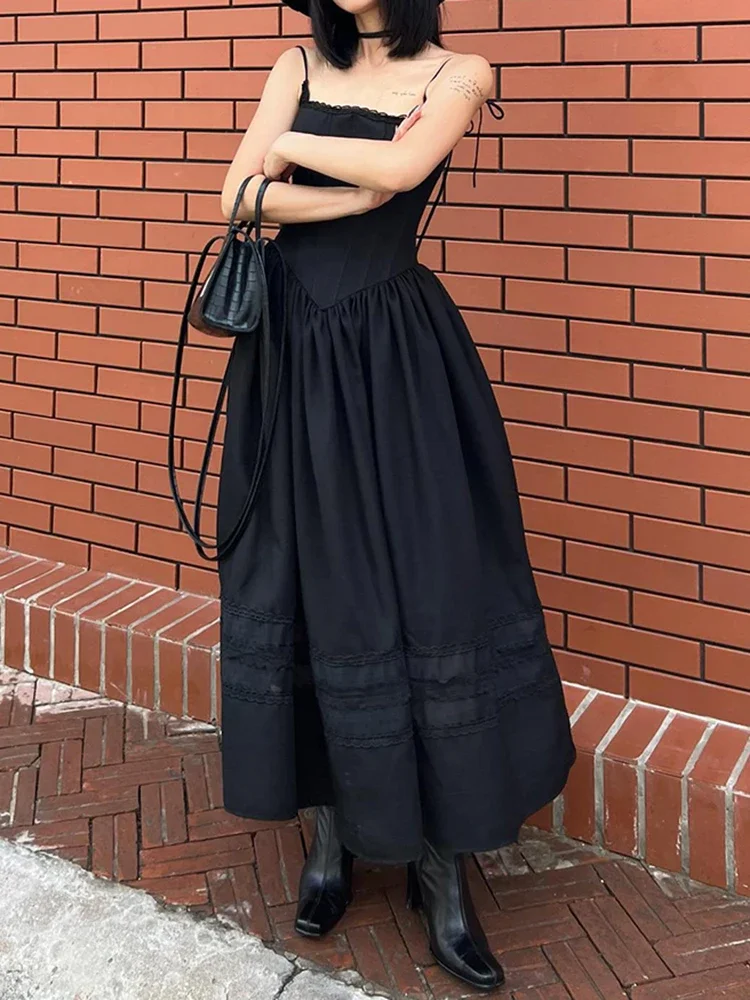 Lace Pleated A-Line Backless Spaghetti Strap Gothic Style Black Prom Dress - Image 4