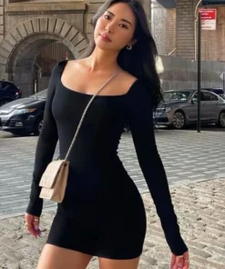 Square Collar Mini Bodycon Long Sleeve Sexy Night Black Prom Dress