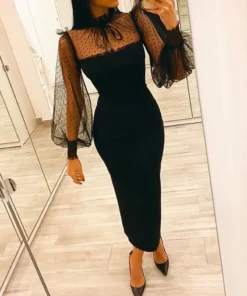 Elegant Long Sleeve Mesh Patch Maxi Black Prom Dress for Women