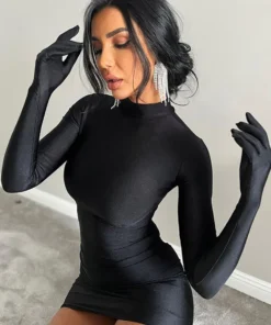 Sexy Long Sleeve Bodycon Mini Black Prom Dress with Gloves