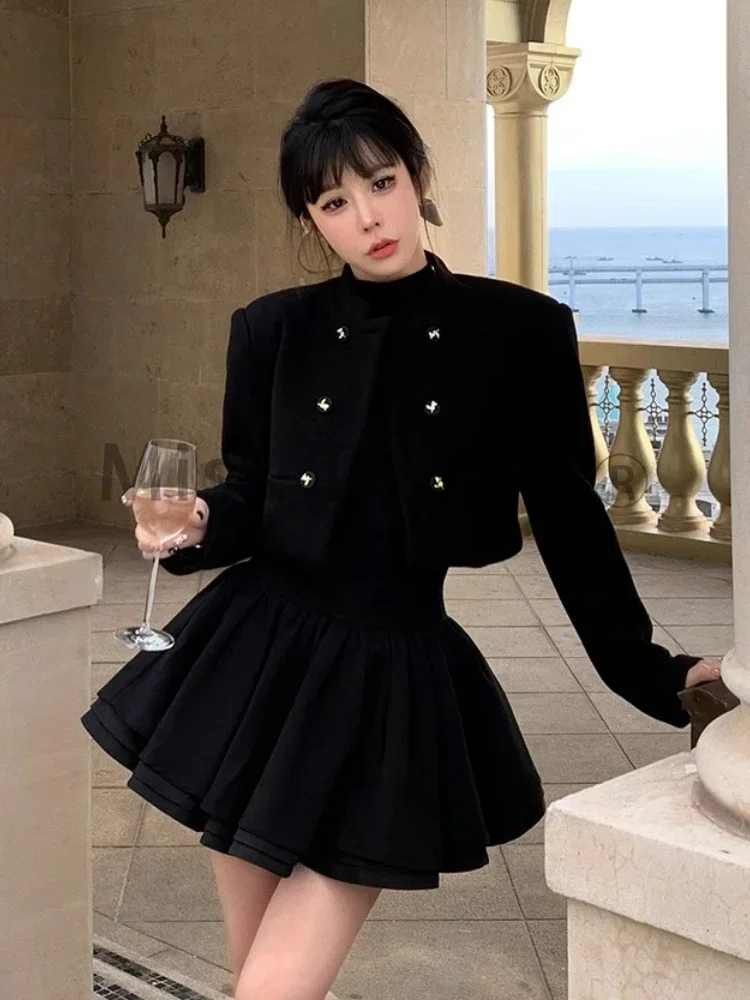 Winter Hepburn Mini Patchwork Slim Korean Style Black Prom Dress - Image 4