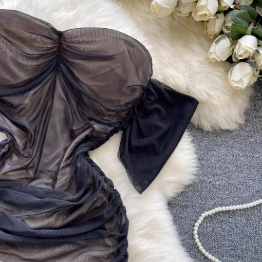 Sexy Off Shoulder Mesh Pleated Summer Pencil Dress Women Fashion - Image 6
