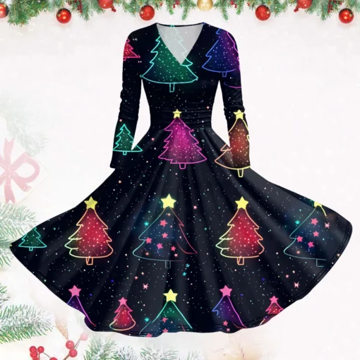 Women’s Christmas Printed Vintage Slim Fit Long Sleeve Party Dress - Image 3