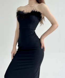 Sexy Elegant Strapless Corset V-Neck Backless Black Prom Dress for Evening Party