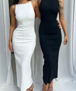 Sexy Ruched Sleeveless Back Split Maxi Black Prom Dress