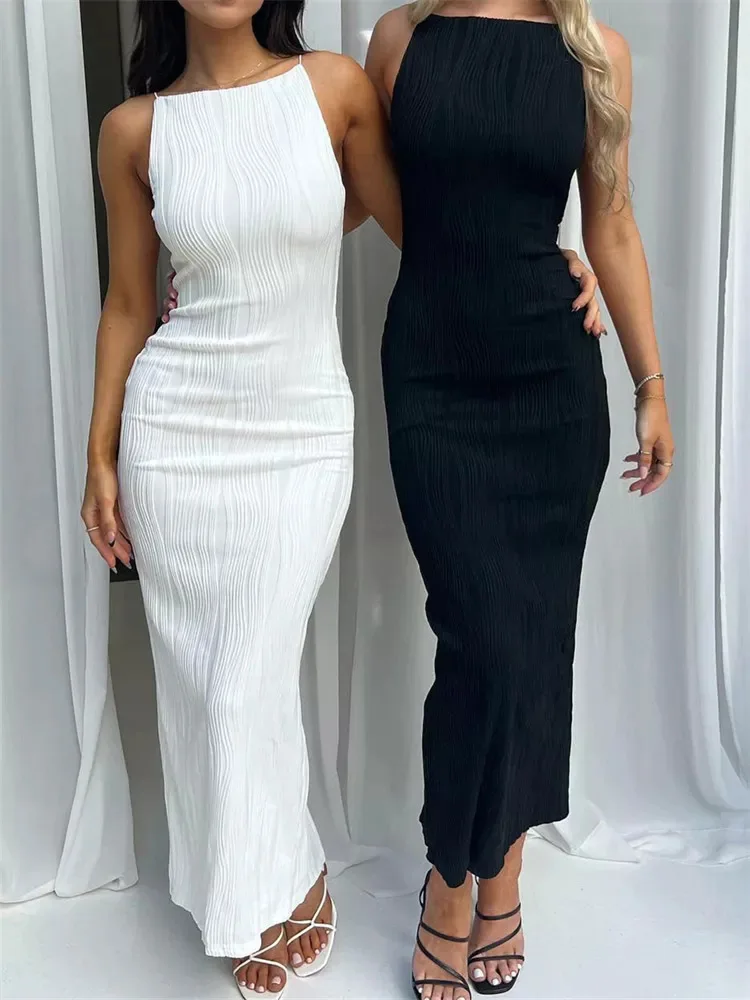 Sexy Ruched Sleeveless Back Split Maxi Black Prom Dress