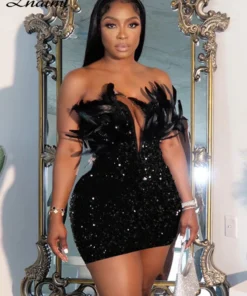 Luxury Strapless Sequin Feather Bodycon Black Prom Dress