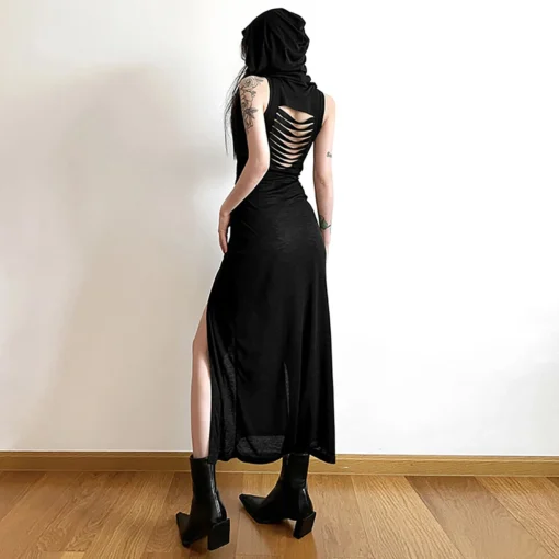 Gothic Sleeveless Hooded Y2K Punk Grunge High Slit Bodycon Dress - Image 5
