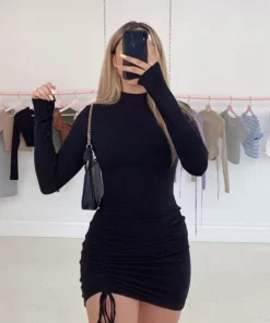 Elegant Lace-Up Bodycon Pleated Mini Black Prom Dress for Women