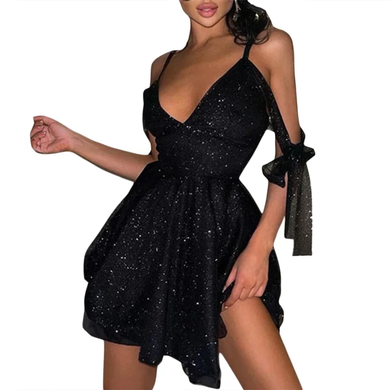 Sparkly Sequin Backless Mini Sleeveless V-Neck Black Prom Dress - Image 2