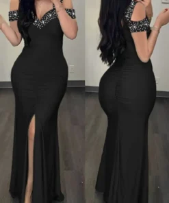 Elegant Rhinestone Cold Shoulder Slit Bodycon Black Prom Dress