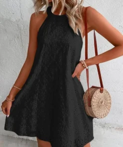 Elegant Black Lace Halter Mini Dress For Summer Beach Parties