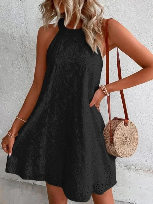 Elegant Black Lace Halter Mini Dress For Summer Beach Parties