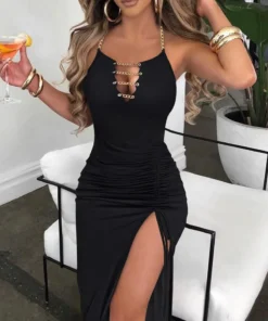 Women's Sexy Chain Decor Drawstring Slit Bodycon Party Dress 2025
