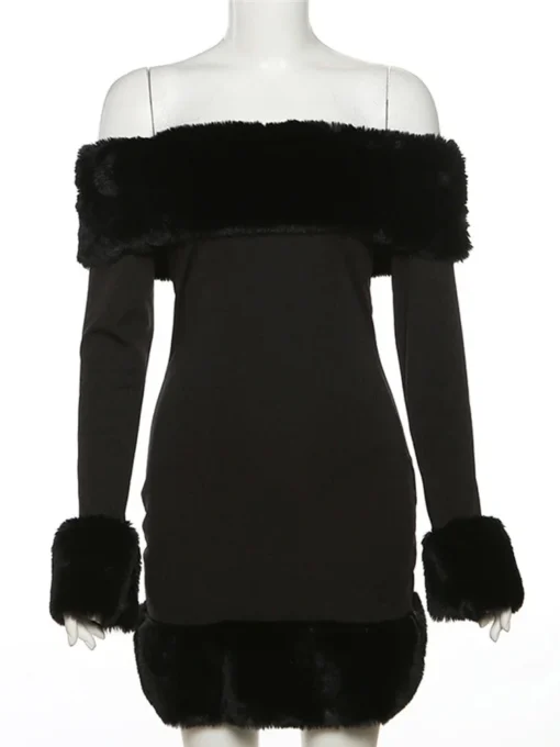 2025 Black Strapless Fluff Bodycon Mini Dress Elegant Evening Party - Image 5